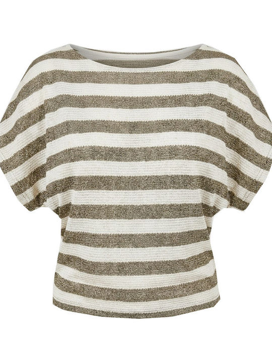 Γυναικείο Crop Top Κοντομάνικο με Λαιμόκοψη Χαμόγελο Ριγέ Χακί