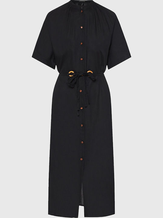 Sommer Midi Hemdkleid Kurzärmelig Schwarz FBL013-100-13-Schwarz