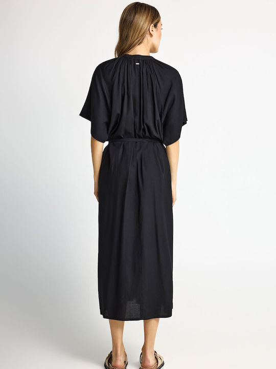 Sommer Midi Hemdkleid Kurzärmelig Schwarz FBL013-100-13-Schwarz