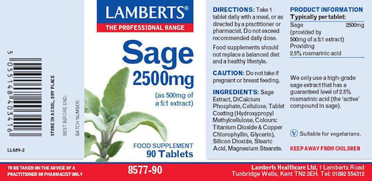 Lamberts Sage 2500mg Supliment Pentru Menopauză 90 Comprimate