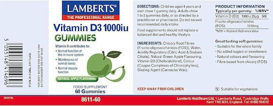Lamberts Vitamin D3 Βιταμίνη για Ενίσχυση του Ανοσοποιητικού & την Υγεία των Οστών 1000iu Μήλο 60 ζελεδάκια
