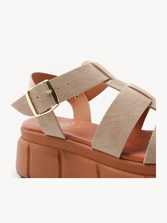 Beige Leather Chunky Flatforms Double Straps