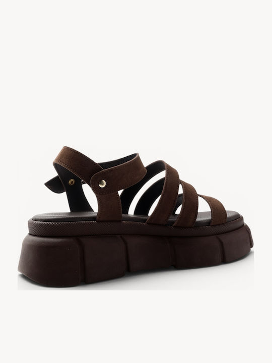 Braune Leder Multi Strap Chunky Flatforms