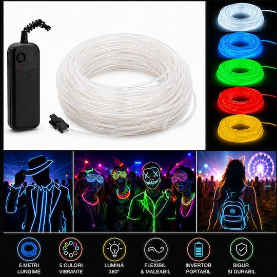 Kit El Wire 5 Metri Invertor Portabil cu Baterie pentru Petreceri Gaming Tuning Auto