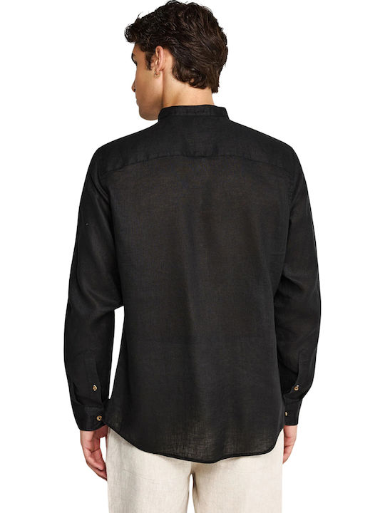 Funky Buddha Long Sleeve Linen Shirt in Regular Fit Black