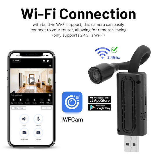 Spionagekamera WiFi 8MP mit Speicherkartensteckplatz und Bewegungsmelder