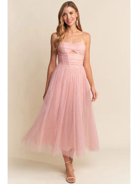 Καλοκαιρινό Midi Φόρεμα για Γάμο / Βάπτιση Strapless με Τούλι Ροζ