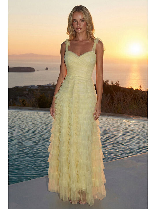Sommer Maxi Damenkleid für Hochzeit - Taufe Satin mit Tüll Gelb