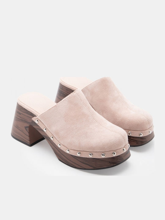Suede Damen Pantoletten mit Hoch Absatz in Rosa Farbe