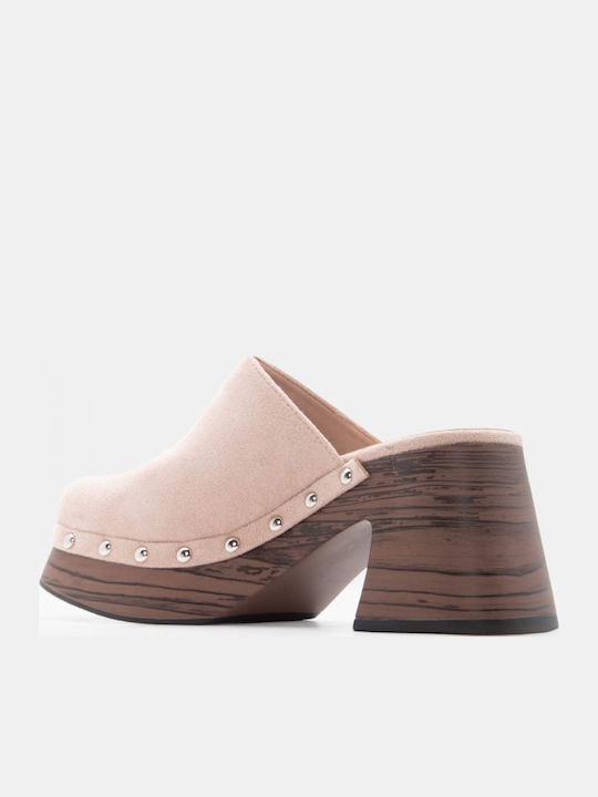 Suede Damen Pantoletten mit Hoch Absatz in Rosa Farbe