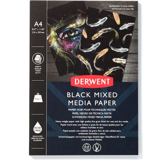 Derwent Professional Bloc de Desen A4 12 File 300g Schițare Desen Pictură Hârtie Neagră