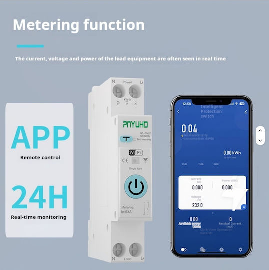Wi-Fi Smart RCBO 63A DIN Rail with Residual Current Relay 30mA Consumption Meter kWh Overvoltage Under Voltage and Overcurrent Protection Tuya Smart
