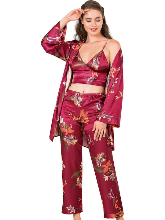Moongirl Pentru Femei Satin Halat cu Pijamale Burgundy