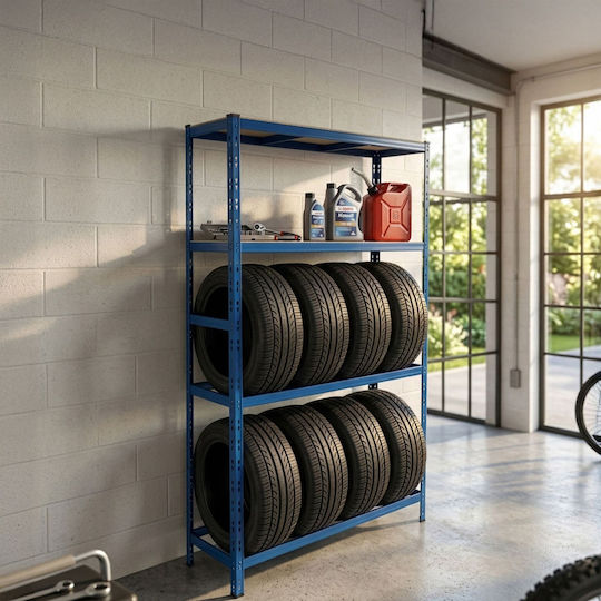 Relaxdays Suport Pentru Anvelope 2 Etajere Albastru 180x40x110 Cm Capacitate 150 Kg Pe Nivel