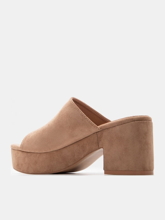 Wildleder Damen Pantoletten mit Hochabsatz in Beige Farbe
