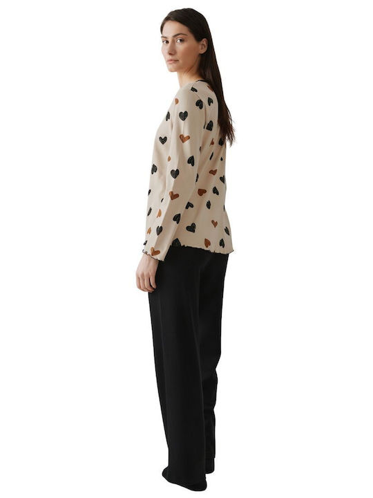 Minerva Χειμερινό Γυναικείο Σετ Πιτζάμας Beige, Black Hearts Minerva Χειμερινό Γυναικείο Σετ Πιτζάμας Beige, Black Hearts
