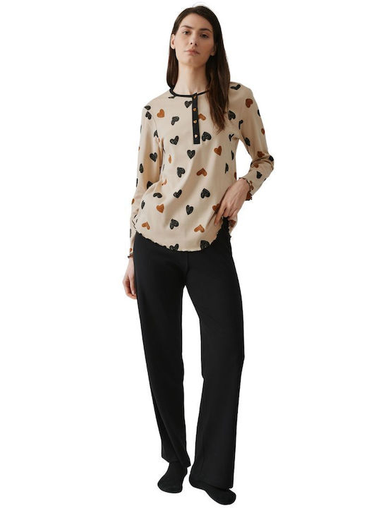 Minerva Χειμερινό Γυναικείο Σετ Πιτζάμας Beige, Black Hearts