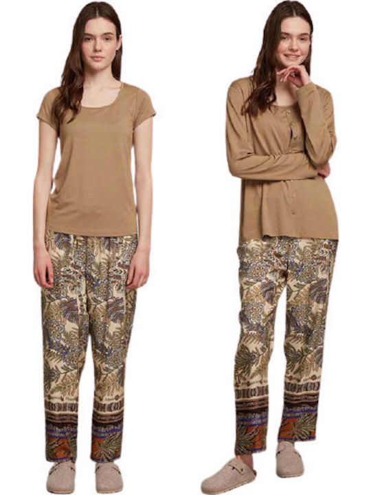 Penye Mood Sommer Damen Pyjama-Set Braun