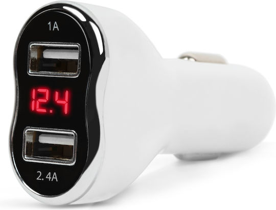 Încărcător Auto 2.4A cu Porturi 2xUSB și Volmetru Culoare Albă