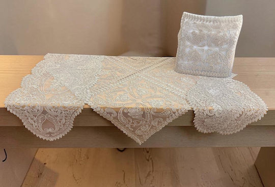 Linea Home Checkered Tablecloth With Lace Set 5 Pieces Alencon Beige