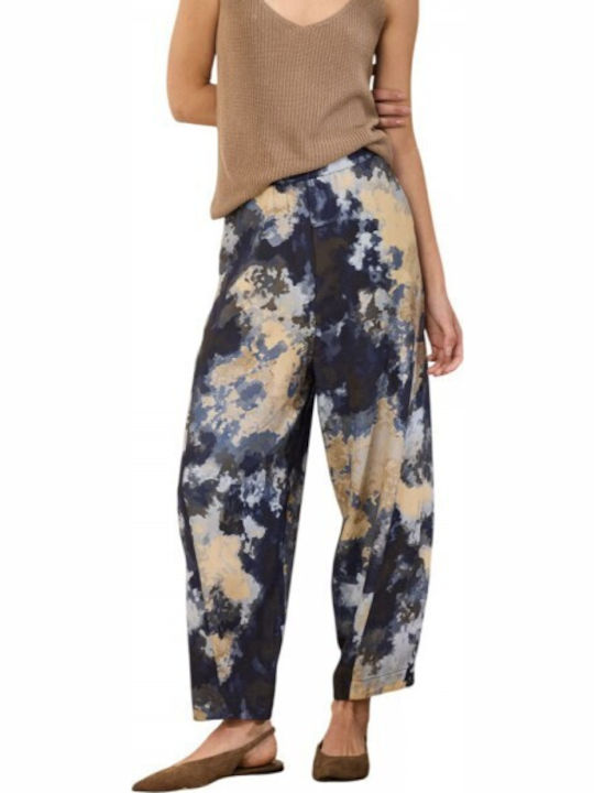 Women's High Rise Fabric Trousers with Rubber Band in Baggy Leg Style Blue