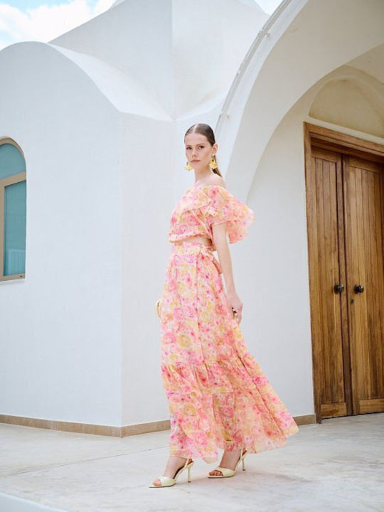 Σατέν Maxi Φούστα Φάκελος Floral Ροζ
