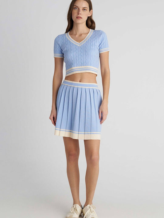 Pleated High Waist Mini Skirt Blue
