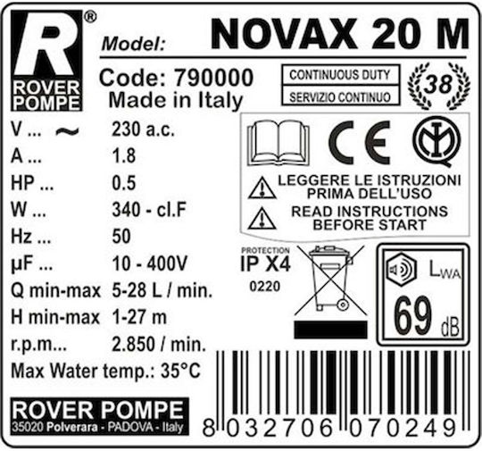 Rover Pompe NOVAX 20-M Αντλία Μετάγγισης με Ιπποδύναμη 0.5hp