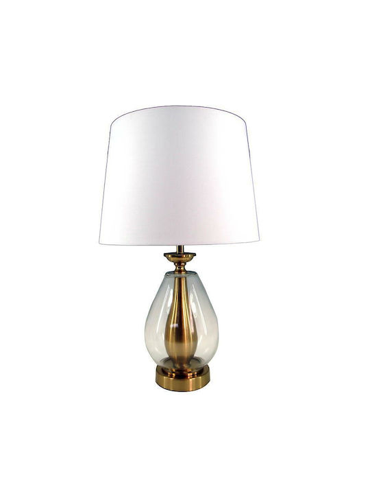 Inart Glass Table Lamp for Socket E27 with White Shade and Gold Base