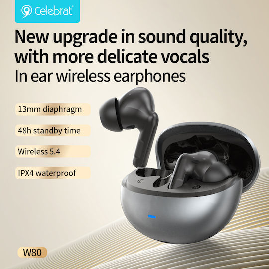 Celebrat W80 In-ear Bluetooth Handsfree Ακουστικά με Αντοχή στον Ιδρώτα και Θήκη Φόρτισης Γκρι