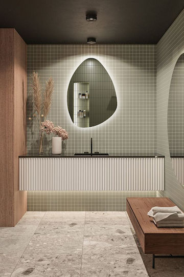 SteweHome Asymmetric Beige Wall Mirror with LED Lighting 90x70cm