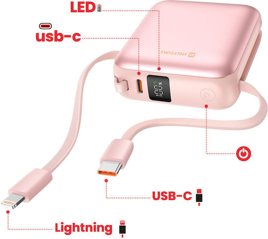 Swissten Power Bank 10000mAh 20W με Θύρα USB-C Ροζ