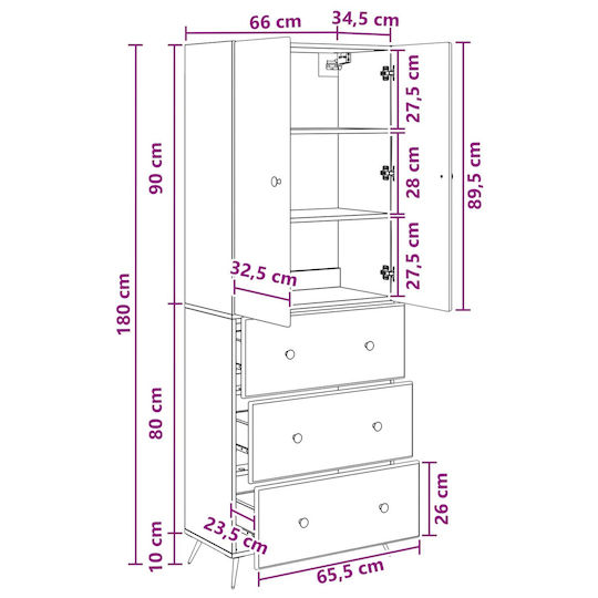 vidaXL Bathroom Column Cabinet Wall Hung M66xD34.5xH90cm Sonoma