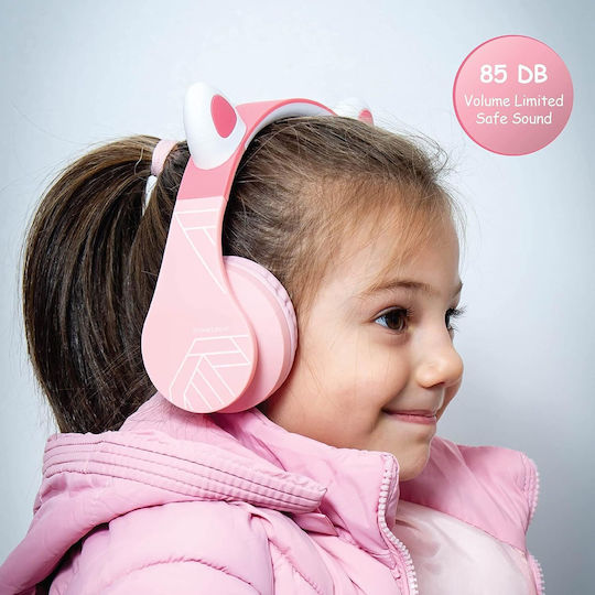 PowerLocus P1 Line Ασύρματα / Ενσύρματα Παιδικά Over Ear Ακουστικά με 9 ώρες Λειτουργίας Ροζ Με Αυτιά