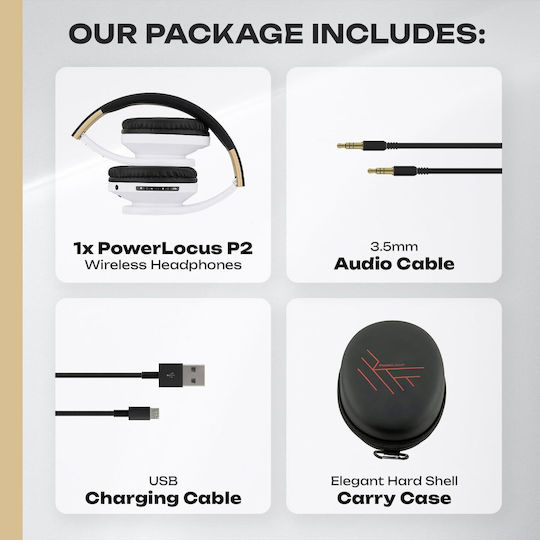 PowerLocus P2 Wireless / Wired Over Ear Headphones with Radio with 20 Hours Playing Time Black / White