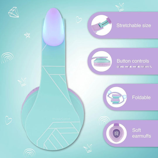 PowerLocus P2 Kids Cat Ears Ασύρματα / Ενσύρματα Παιδικά Over Ear Ακουστικά με Ραδιόφωνο Teal/Purple