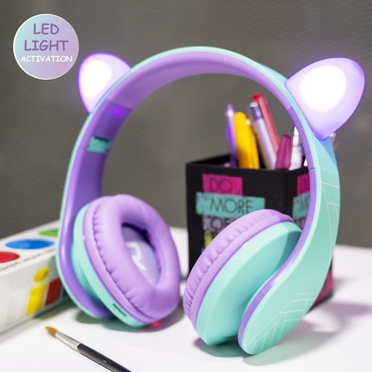 PowerLocus P2 Kids Cat Ears Ασύρματα / Ενσύρματα Παιδικά Over Ear Ακουστικά με Ραδιόφωνο Teal/Purple