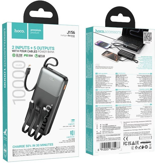Hoco J156 Power Bank 10000mAh 22.5W με Θύρα USB-A και Θύρα USB-C Quick Charge 3.0 Μαύρο