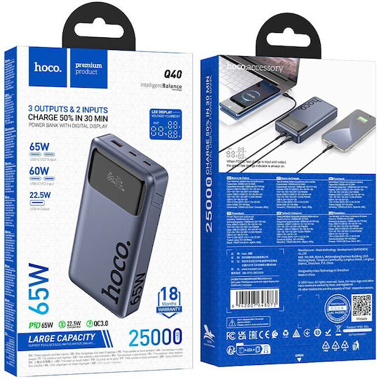 Hoco Q40 Leader Power Bank 25000mAh 65W με Θύρα USB-A και 2 Θύρες USB-C Power Delivery / Quick Charge 2.0 / Quick Charge 3.0 Γκρι