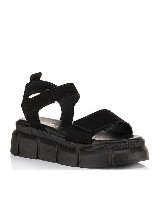 Δερμάτινα Γυναικεία Ανατομικά Σανδάλια Flatforms Μαύρα