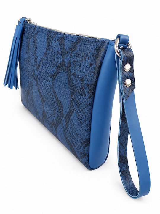 Snake Print Δερμάτινος Γυναικείος Φάκελος Clutch Μπλε