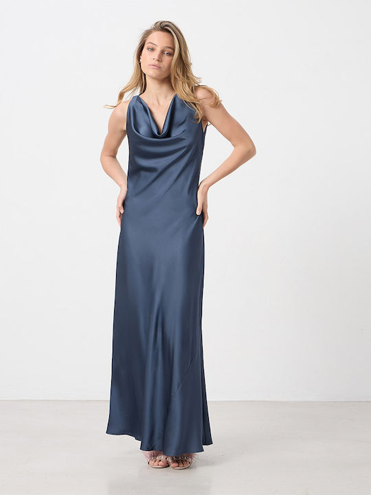 Summer Maxi Evening Satin Dress with Drape Blue