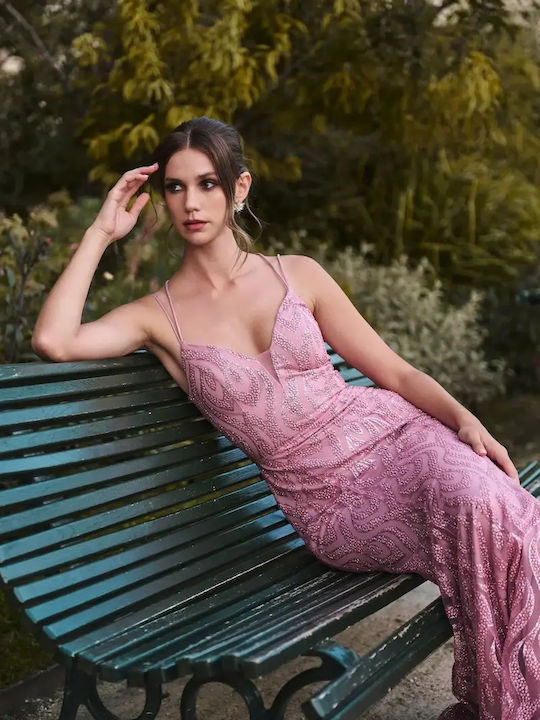 Summer Maxi Evening Dress with Mesh Pink