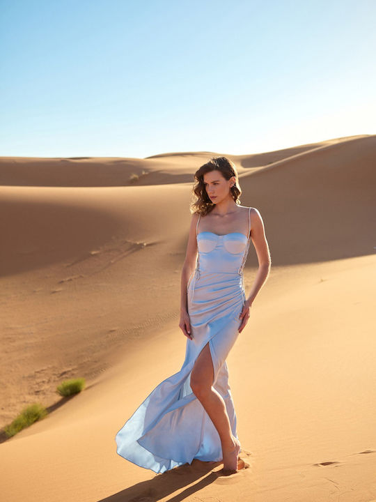 Summer Maxi Dress for Wedding Christening Satin Light Blue