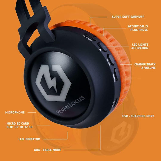 PowerLocus Buddy Ασύρματα / Ενσύρματα Παιδικά On Ear Ακουστικά με 15 ώρες Λειτουργίας Πορτοκαλί