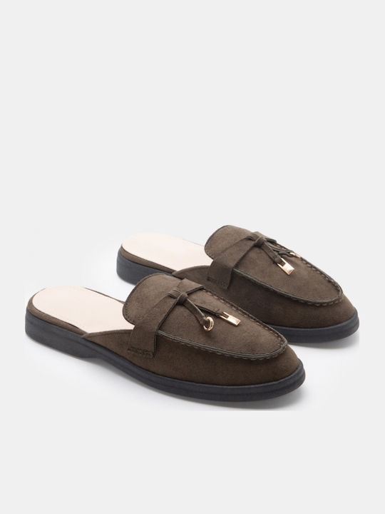 Flat Suede Mules In Khaki Colour