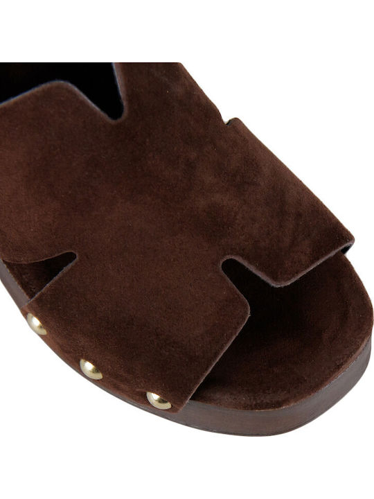 Suede Mules With High Heel In Brown Colour