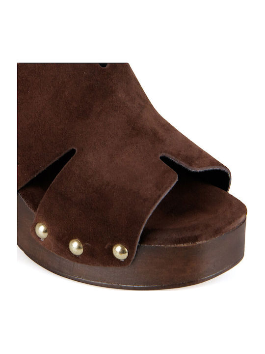 Suede Mules With High Heel In Brown Colour