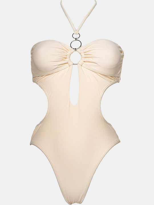 Swimsuit with Openings and Removable Padding Beige