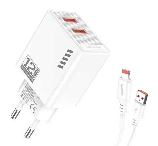 Kakusiga Φορτιστής με 2 Θύρες USB-A και Καλώδιο Lightning 12W Λευκός (KSC-1238)